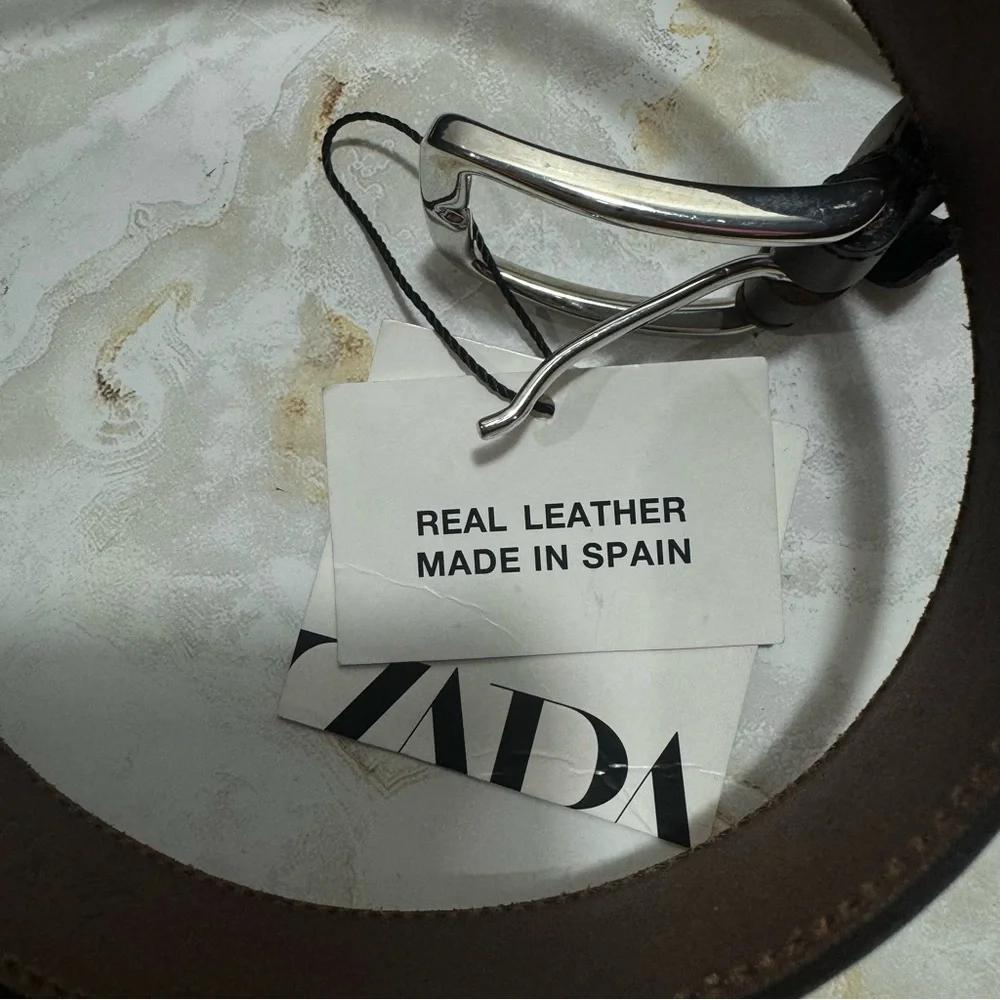 NWT Zara‎ Men’s Basic Leather Belt Brown Silver Buckle Minimalist Preppy Casual
